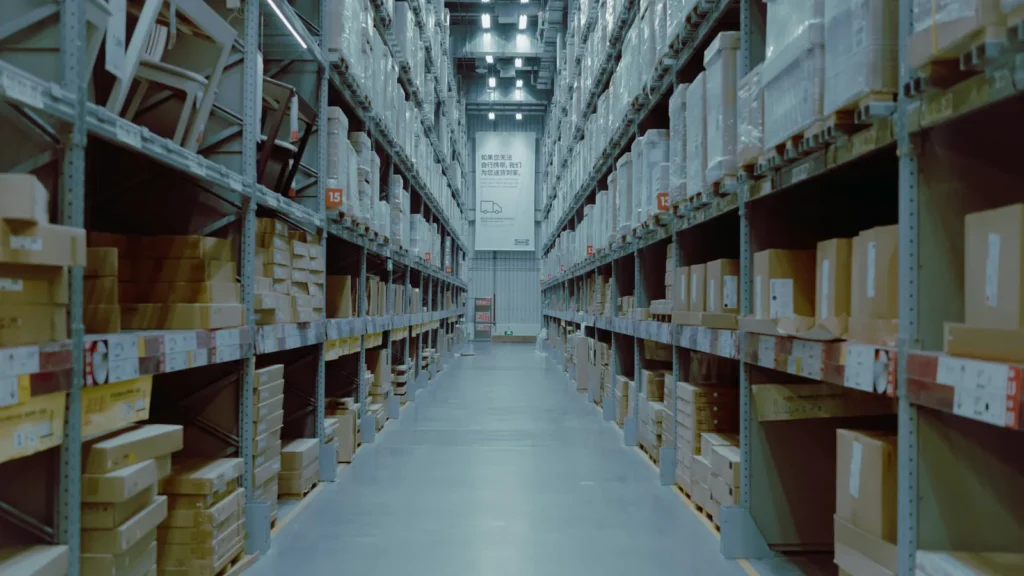 Long warehouse aisle lined with tall shelves of boxed stock