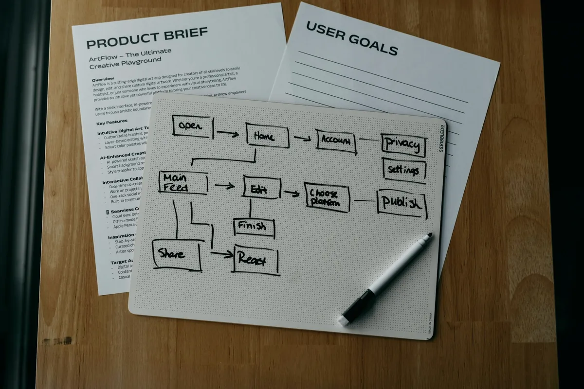 Printed product brief and a hand-drawn workflow diagram laid out on a wooden table