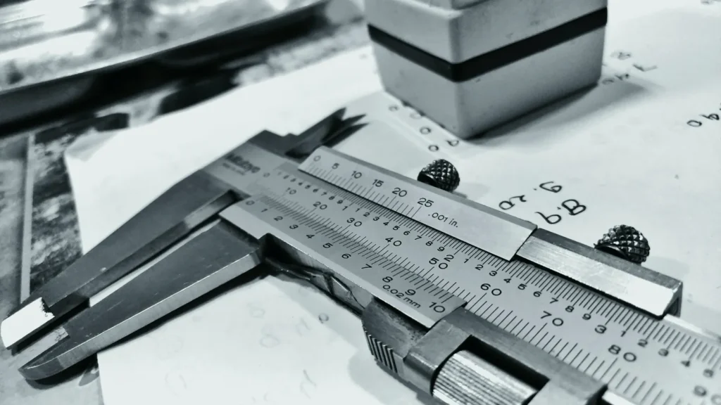 Gray dial caliper with measurement scale laid flat on a clean surface