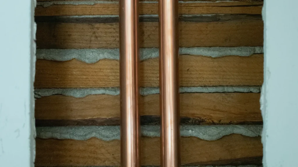 Exposed copper water supply pipes inside a wall cutout showing plumbing infrastructure
